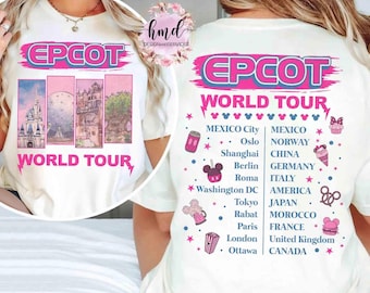 Retro 2-sided Disney Epcot World Tour Pink Tshirt, Disneyworld Traveler Trip, Drink & Snack Around The World Tee, Disneyland Family Matching