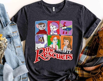 Camiseta retro de 1977 con personajes de Disney The Rescuers, unisex, ideal como regalo de cumpleaños familiar, para adultos y niños pequeños.