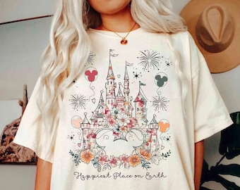 Koszulka Vintage „Najszczęśliwsze miejsce na Ziemi”, Koszulka z wakacji dla rodzin w Magic Kingdom 2025, Koszulka z kwiatowym motywem balonów z zamku Disneya, Myszka Miki i przyjaciele
