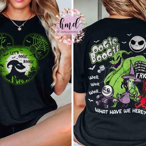 May include: Black t-shirt featuring a Halloween-themed design. The front displays a green Mickey Mouse silhouette with the text "Let's Oogie Boogie." The back showcases Oogie Boogie, Jack Skellington, and other characters with the text "Boogie BooGif" and "Fright."