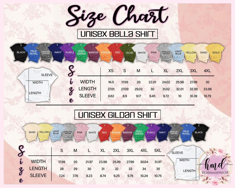 May include: A size chart for unisex Bella and Gildan shirts, showing a range of colours including black, blue, and pink. The chart provides measurements for width, length, and sleeve length in inches for sizes XS to 5XL. The image includes the text "Size Chart".