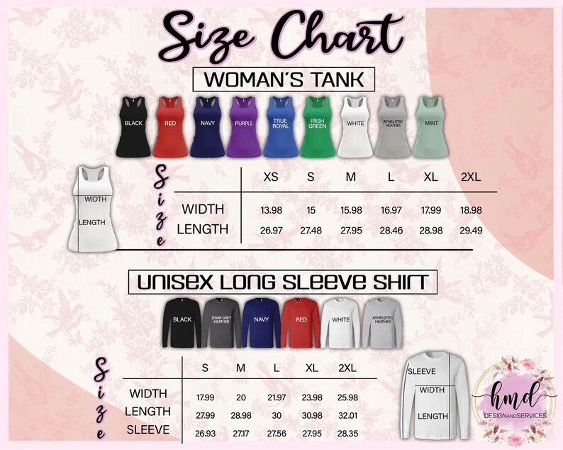 May include: Size chart for women's tank tops and unisex long sleeve shirts. The chart displays measurements for width, length, and sleeve length in inches. Tank top colours include black, red, navy, purple, and green. Long sleeve shirt colours include black, navy, and red.