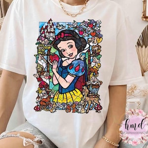 Disney Snow White & the Seven Dwarfs Floral Stained Glass Retro Shirt, WDW Holiday Trip Unisex T-shirt Family Birthday Gift Adult Tee