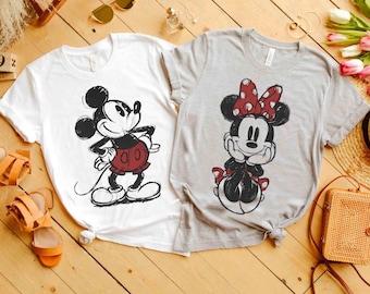 Camiseta vintage Disney Couples Mickey e Minnie Mouse com desenho de retrato, presente de Natal para a família Magic Kingdom, camiseta combinando Mickey e amigos
