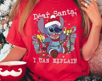 Niedliches Lilo & Stitch Weihnachten Lieber Santa Ich kann erklären T-Shirt, Magic Kingdom Urlaub Urlaub Party Geschenk, lustiges Disney Stitch Xmas Light Tee