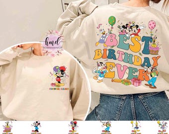 Maglietta personalizzata Disney Mickey & Friends "Best Birthday Ever Ever" a 2 lati, viaggio di compleanno a Disneyland, maglietta coordinata con nome personalizzato per compleanno di bambino e bambina