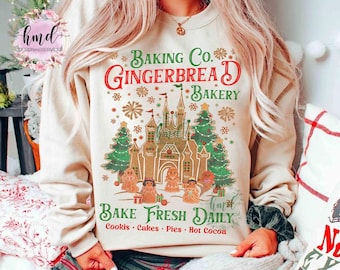 Koszulka świąteczna Disney Princess Characters Group Baking Co z piernikową piekarnią, koszulka z motywem Myszki Miki Very Merry Xmas, prezent świąteczny dla rodziny z Disneylandu