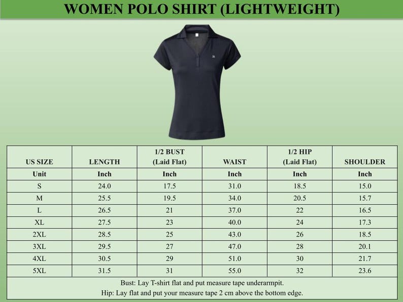 Puede incluir: Polo de mujer azul marino con cuello y cremallera parcial. La imagen incluye una tabla de tallas con medidas en pulgadas, con largos de 24,0 a 31,5 pulgadas.
