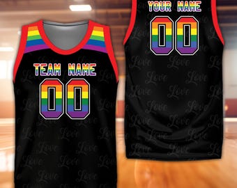 Maillot de basket-ball du mois de la fierté LGBTQ avec nom personnalisé, chemise de basket-ball personnalisée fierté arc-en-ciel, cadeau de soutien pour fan de basket-ball de la communauté LGBT