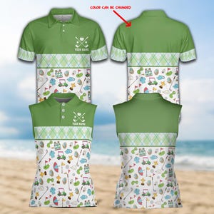 May include: Green golf polo shirt and sleeveless top with a white argyle pattern and golf-themed illustrations. The shirts have the text "YOUR NAME" and a golf club logo. The background is a beach scene.