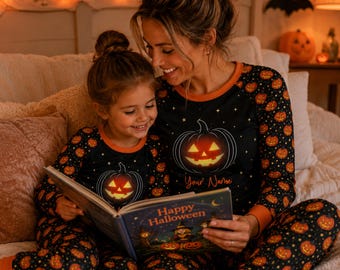 Personalized Pumpkin Halloween Pajamas Set, Custom Name Jack O Lantern Sleepwear, Matching Family PJs for Kids Adults Movie Night Gift