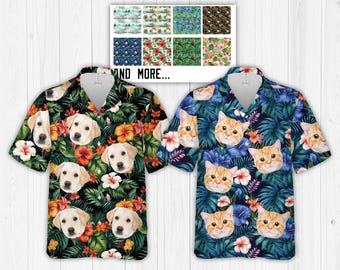 写真入りのパーソナライズされたトロピカル柄ハワイアンシャツ、カスタム犬猫顔夏用ボタンアップシャツ、男性、女性、ペット愛好家向けアロハシャツ