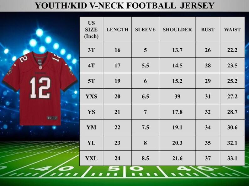 Puede incluir: Una camiseta de f&uacute;tbol juvenil roja con el n&uacute;mero 12 en blanco. La camiseta tiene cuello en V y se muestra con una tabla de tallas que muestra las medidas en pulgadas para largo, manga, hombro, busto y cintura.