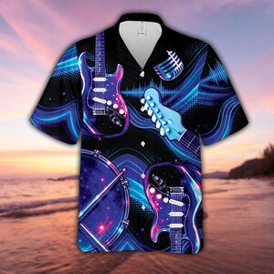 May include: Black button-down shirt with a vibrant musical design. The shirt features neon blue and purple guitars, a microphone, and a drum set against a black background. The design includes sound wave patterns and a cosmic theme.