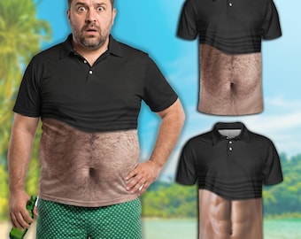 Camiseta polo con estampado realista y divertido de pecho peludo, camiseta polo con estampado gracioso de barriga peluda y abdominales marcados, camiseta estilo "papá", regalo de broma para despedida de soltero.