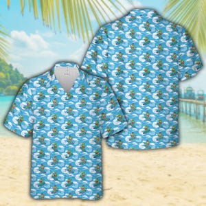 Funny Surfing Alien Hawaiian Shirt For Men Women, Tropical Alien Riding Waves Button Up Shirt, Cartoon Space Traveler Surfboard Aloha Shirt