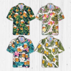May include: Four short-sleeved button-down shirts with beer mug and tropical floral patterns. Each shirt features a different design with beer mugs and various flowers and leaves in shades of green, yellow, pink, and blue.