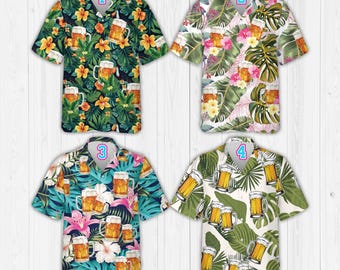 Tropische bierpul Hawaiiaans shirt voor mannen Dames, bloemen en palmboom Bierdag button-up shirt, strandfeest zomer Aloha-shirt voor bierliefhebber