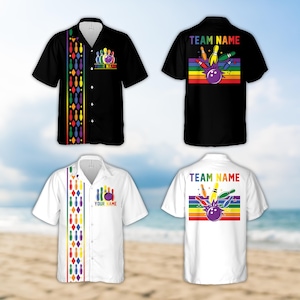 May include: Two white and two black button-up shirts with a rainbow design and bowling pins and a bowling ball graphic. The text "TEAM NAME" and "YOUR NAME" is on the shirts.
