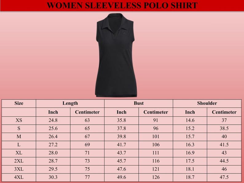 Puede incluir: Polo sin mangas negro. La camisa tiene cuello y tapeta abotonada. Se incluye una tabla de tallas, con medidas en pulgadas y cent&iacute;metros para largo, busto y hombro.