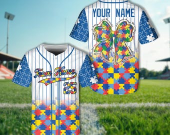 Personalized Puzzle Bow Autism Awareness Baseball Jersey, Custom Name Coquette Bow Autism Jersey, Autism Support Jersey For Autism Warrior