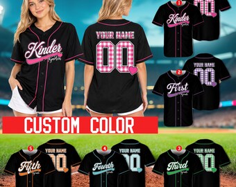 Personalized Teacher Grade Baseball Jersey, Custom Name Number Gingham School Shirt, Kindergarten First Grade Back To School Teacher Gift