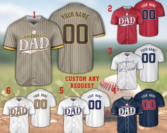 Maglia da baseball personalizzata con nome e numero per papà, maglia da baseball sportiva con colori personalizzati per papà, maglietta da baseball per la festa del papà, vestito per il giorno della partita per papà