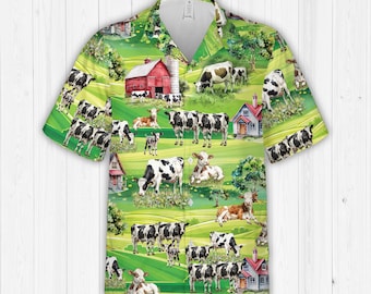Camisa hawaiana de granja de vacas para hombres y mujeres, camisa con botones de vacas pastando para amantes de las vacas, camisa hawaiana de campo para amantes de la granja, regalo para granjeros