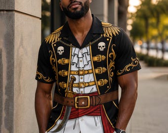 Pirate Captain Hawaiian Shirt, Easy Halloween Costume Button Up Shirt, Skull Pirate Party Shirt, Mens Pirate Outfit, Gift For Pirate Lover