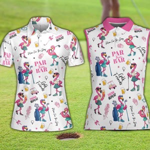 May include: Two white golf shirts with a flamingo and golf-themed pattern. The shirts feature pink accents and text that reads "Par then Bar," "Golf Friends," and "Drink Repeat."