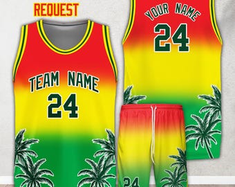 Personalized Name Number Tropical Basketball Jersey Set, Custom Palm Tree Rasta Gradient Basketball Uniform For Kids Adult Basketball Fans