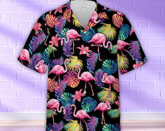 Camisa hawaiana con flamencos tropicales para hombres y mujeres, camisa abotonada con flamencos de follaje colorido, camisa hawaiana de verano con flamencos, regalo para amantes de los flamencos