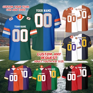 May include: A collection of six custom football jerseys in various color combinations. Each jersey features a team name, the number "00" or "10", and the option to add a logo and a name. The text "CUSTOM ANY REQUEST ADULT-YOUTH-KID SIZE" is also visible.