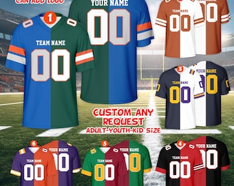 Camiseta personalizada con nombre para dos equipos de fútbol americano, camiseta de fútbol americano dividida personalizada, atuendo de campeón para el día del partido para niños y adultos fanáticos del fútbol.