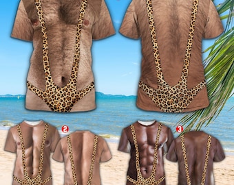 3D Hairy Muscle Body Swimsuit T-Shirt for Men, Funny Mankini Tee Leopard Print Mankini Shirt Adult Party Costume Top for Beach Bachelor Gift