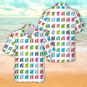 May include: White short-sleeved button-up shirt with a repeating pattern of colorful jockey silks. The shirt has a collar and a button-up front.