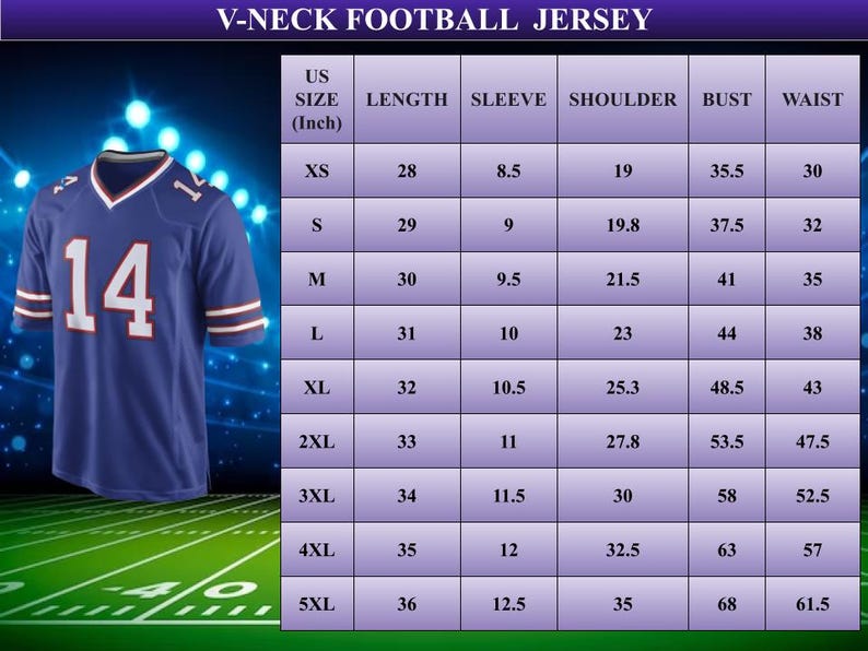 Puede incluir: Una camiseta de f&uacute;tbol azul con cuello en V y el n&uacute;mero 14 en blanco. La camiseta tiene rayas blancas y rojas en las mangas. Una tabla de tallas muestra las medidas en pulgadas para varias tallas, de XS a 5XL. La talla M mide 76 cm de largo.