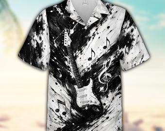Rock Guitar Hawaiian Shirt for Men, Black White Electric Guitar Aloha Shirt, Musician Button Up, Summer Beach Vacation Shirt for Rock Lovers