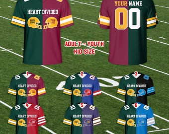 Camisa personalizada com dois times de futebol para crianças e adultos fãs de futebol, camisa personalizada de futebol americano dividida para o dia do jogo para amantes de futebol