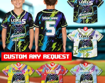 Personalized Gamer Graffiti Splash Birthday Baseball Jersey, Custom Name Age Level Unlocked Video Game Shirt Kids Bday Boy Party Outfit Gift
