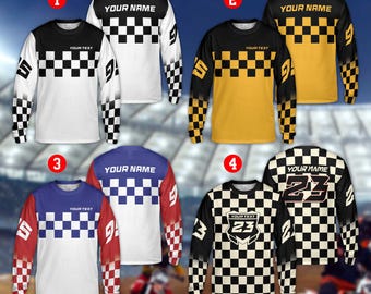 Personalisiertes kariertes Motocross-Langarm-Shirt für Kinder und Erwachsene, Benutzerdefinierter Fahrername Dirt Bike 3D-Shirt, MX ATV Off-Road Racing Teambekleidung