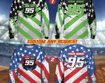 Personalisiertes Vaterländisches Motocross-Langarm-Shirt für Jugendliche und Erwachsene, Benutzerdefinierter Fahrername Dirt Bike 3D-Shirt, MX ATV Off-Road Racing Teambekleidung