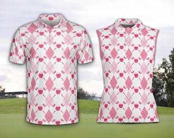 Polo de golf rosa con rombos para hombre y mujer, polo sin mangas para mujer con palos de golf y pelota, polo a juego para amantes del golf.