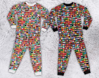World Flags Pajama Set, International Country Flag Long Sleeve Sleepwear, Global Pride Loungewear, Matching Family Pajamas For Travel Lovers