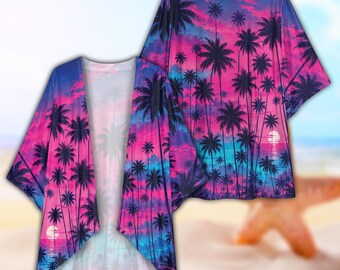 Tropical Sunset Palm Tree Retro Vibe Kimono, Bohemian Kimono Cardigan For Women, Chiffon Beach Cover Up, Resort Wear Vacation Outfit Gift