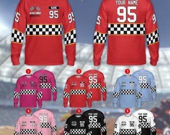 Personalisiertes kariertes Motocross-Langarm-Shirt für Kinder und Erwachsene, Benutzerdefinierter Fahrername Dirt Bike 3D-Shirt, MX ATV Off-Road Racing Teambekleidung