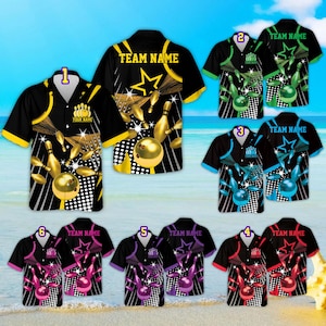 May include: Six pairs of bowling-themed Hawaiian shirts with black backgrounds and colorful bowling pins, balls, and stars. The shirts have the text "TEAM NAME" on the front.