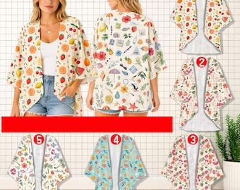 Tropical Doodle Fruit Floral Summer Kimono, Bohemian Kimono Cardigan For Women, Chiffon Beach Cover Up, Resort Wear Vacation Outfit Gift