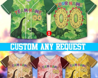 Personalized Dinosaur Birthday Baseball Jersey, Custom Team Name Age Kids Shirt, Birthday Boy Girl Dino Party Outfit Family Matching Gift