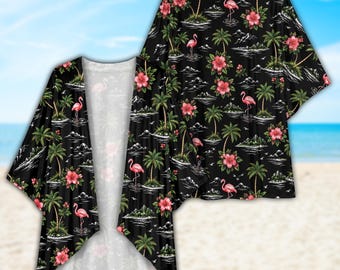 Black Flamingo Hibiscus Palm Tree Tropical Kimono, Bohemian Kimono Cardigan For Women, Chiffon Beach Cover Up, Resort Wear Vacation Gift